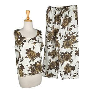 Hot Cotton 100% Linen White Green Rose Twin Set Small Tank High Waisted Pants